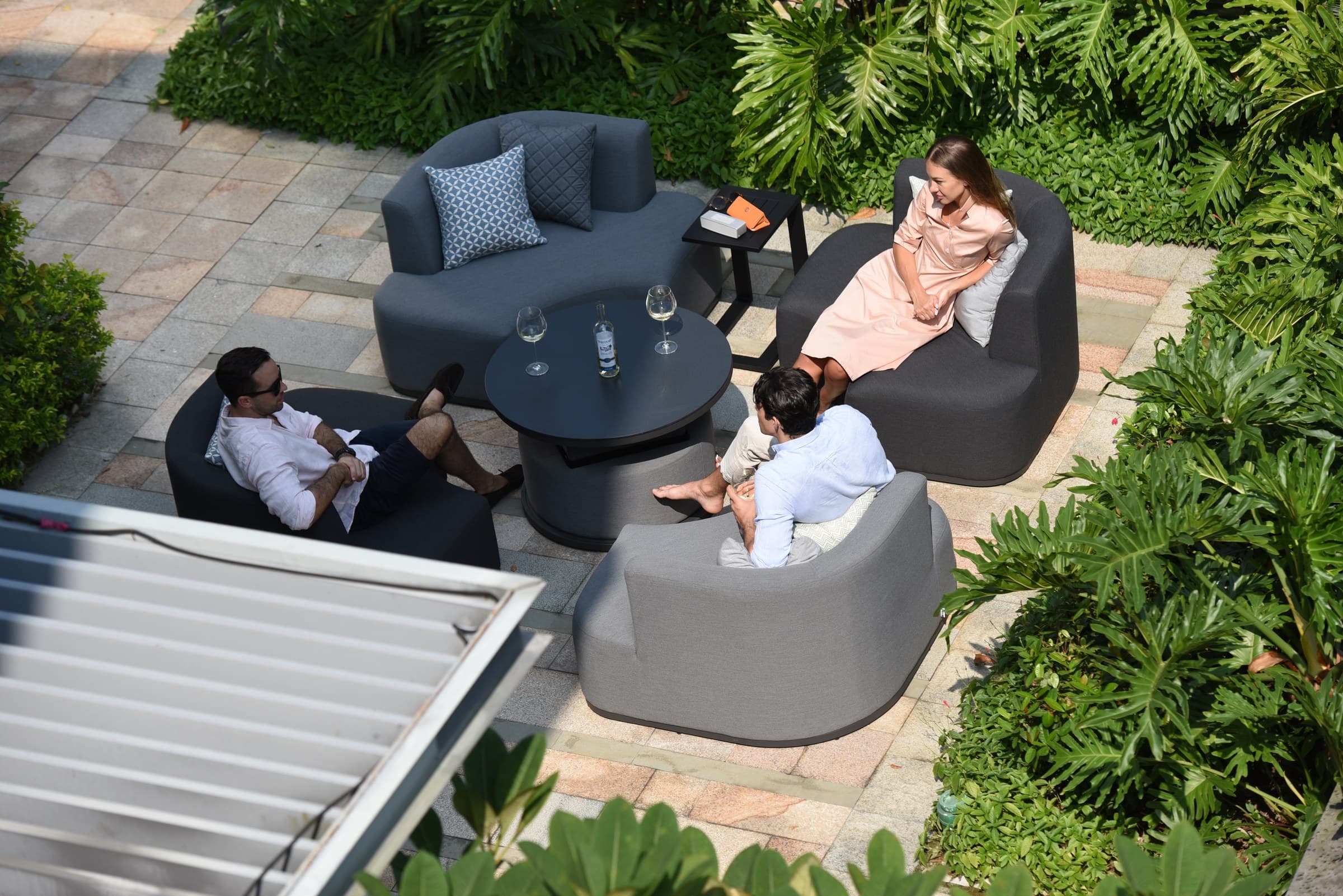Outdoor seating arranged for a hospitality gathering