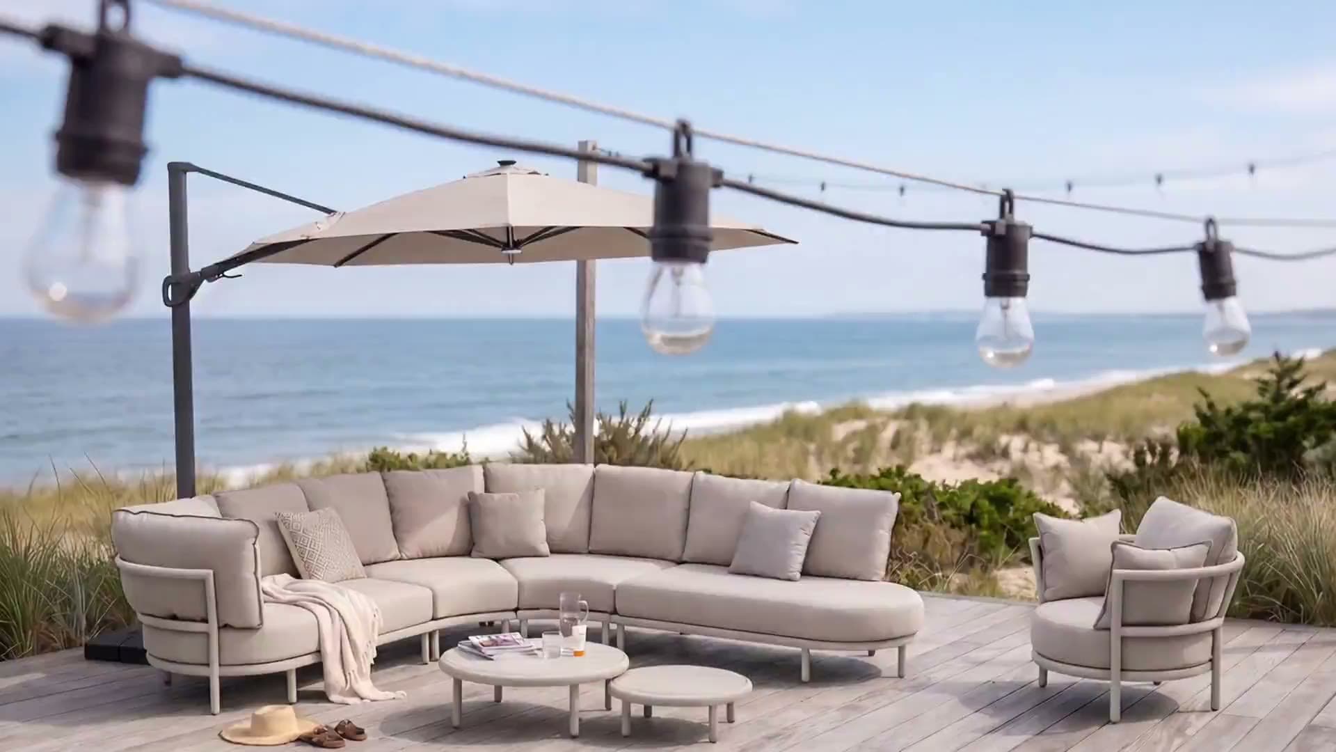 Outdoor furniture on a coastal terrace