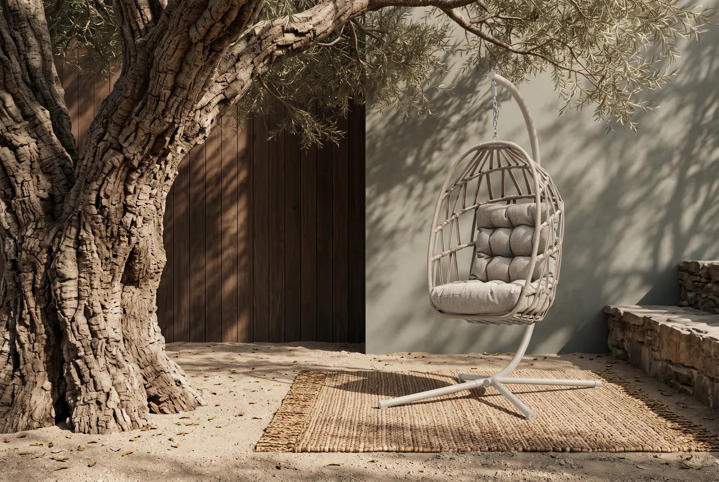 Ovo Swing Chair shown in an outdoor setting