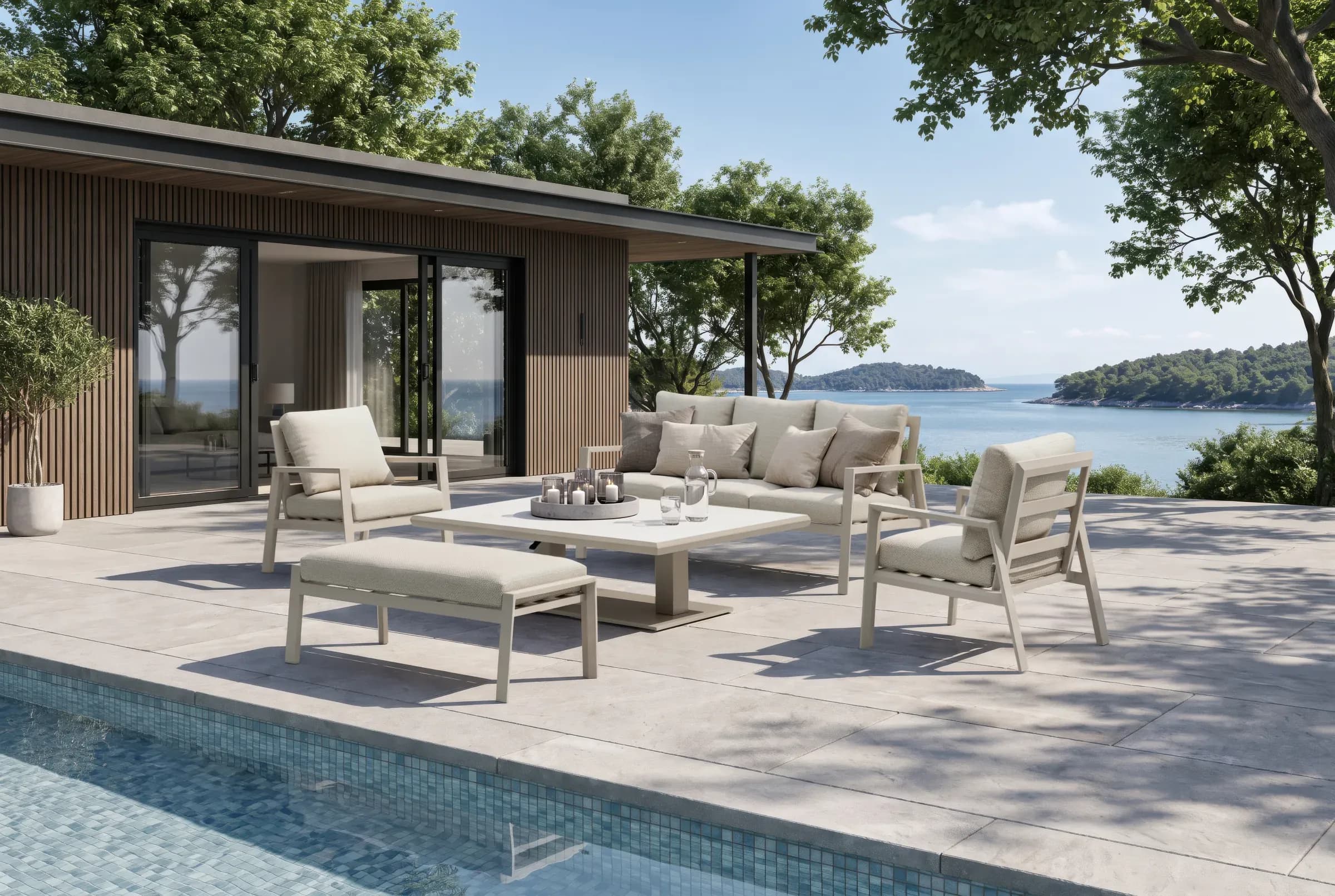 Linear 3 Seater Sofa Set arranged in an outdoor setting