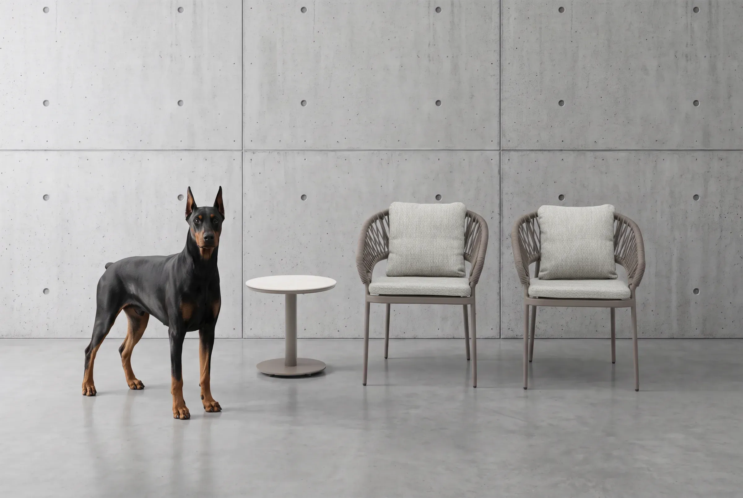 Loom Dining Chairs with a side table and companion dog in a modern concrete setting