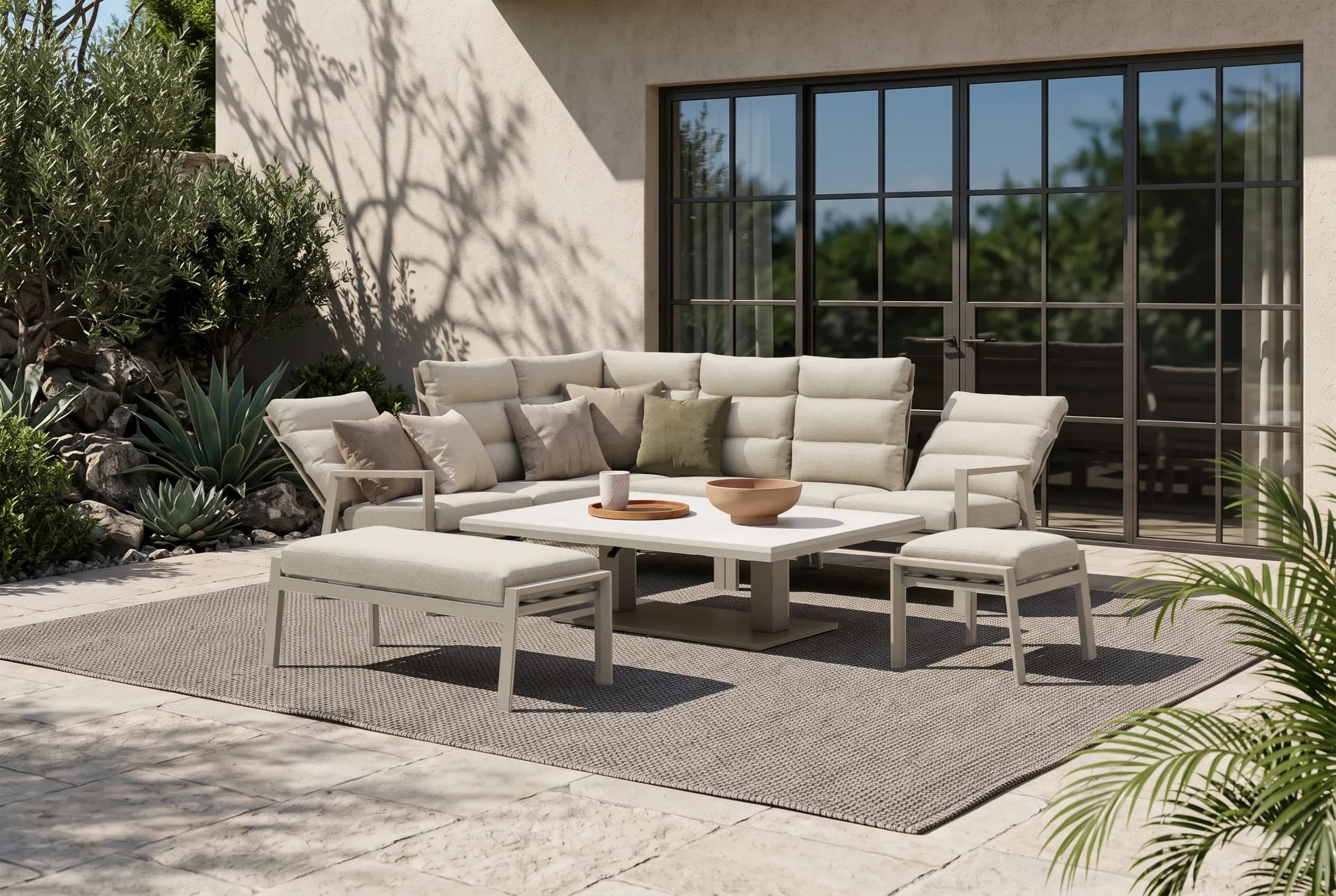Linear Adjustable Corner Sofa Set arranged in an outdoor setting