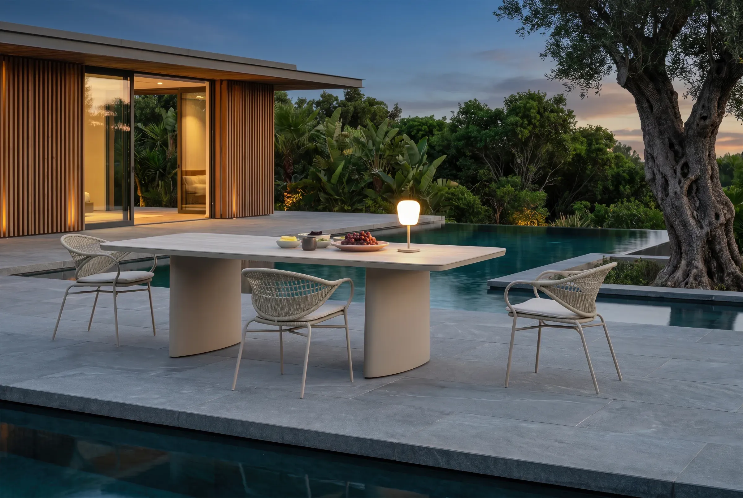 Arc 10 Seat REC Dining Table shown in an outdoor setting