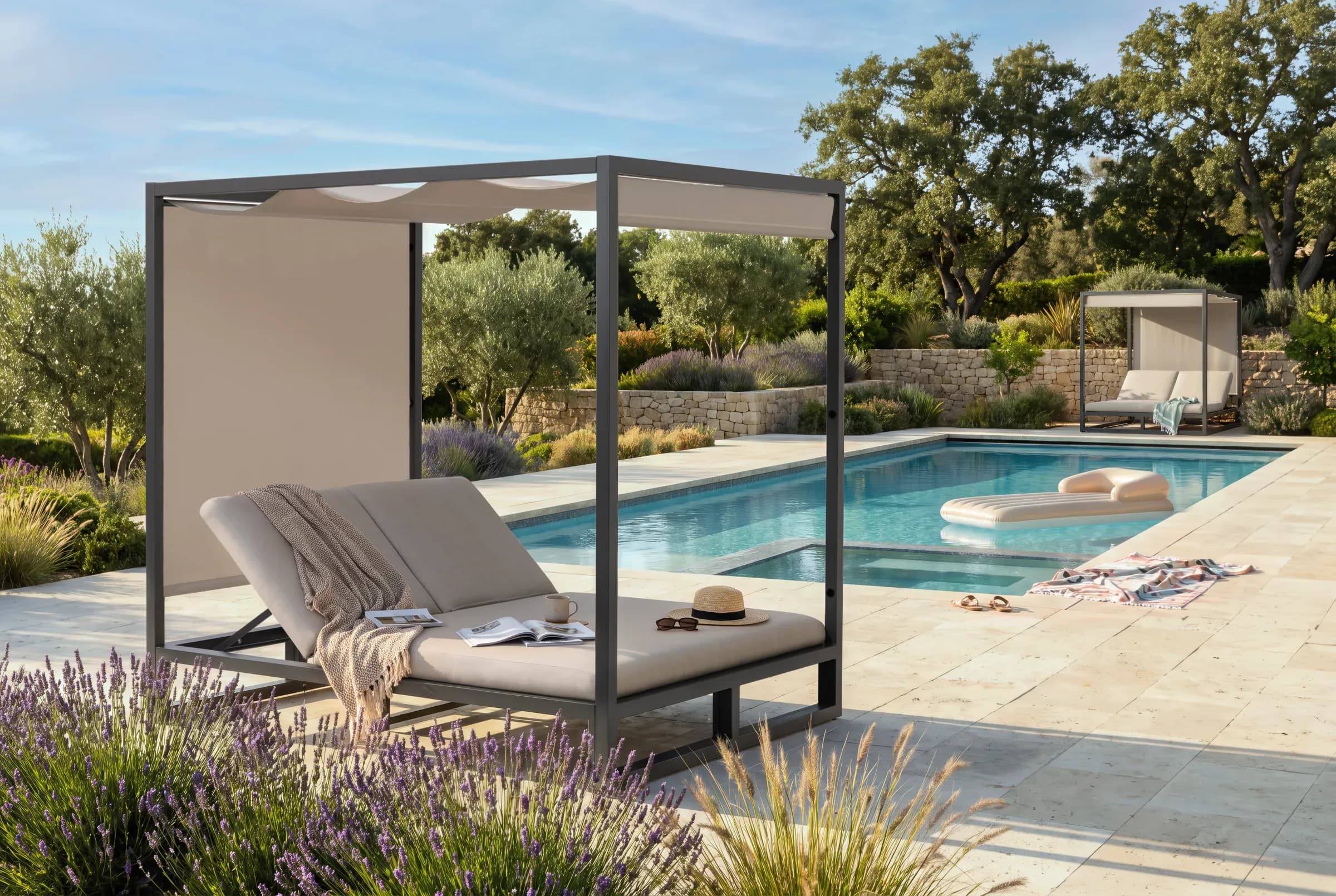 Allure Cabana Day Bed / Sun Lounger arranged in an outdoor setting